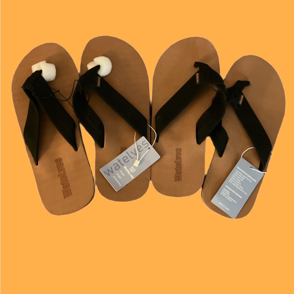 NWT Men’s Watelves Sturdy High Quality Black & Tan Flip Flops Shoes Slip ons